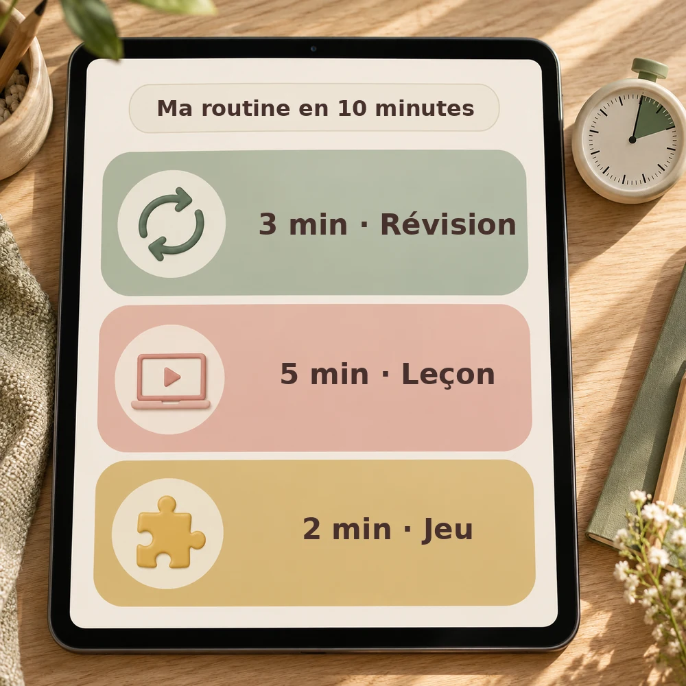 Ma routine en 10 minutes : 3 min de révision, 5 min de leçon, 2 min de jeu