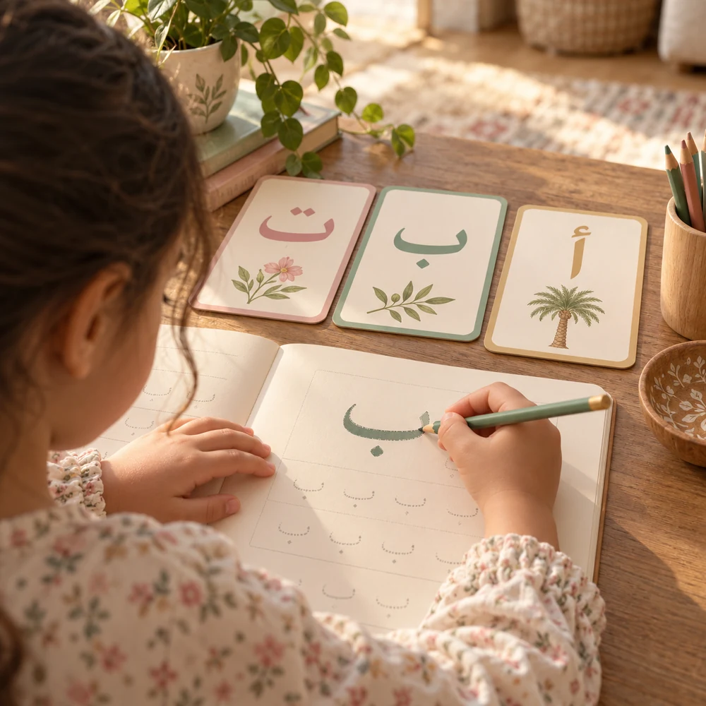 Une enfant trace la lettre arabe ب avec des cartes de l'alphabet