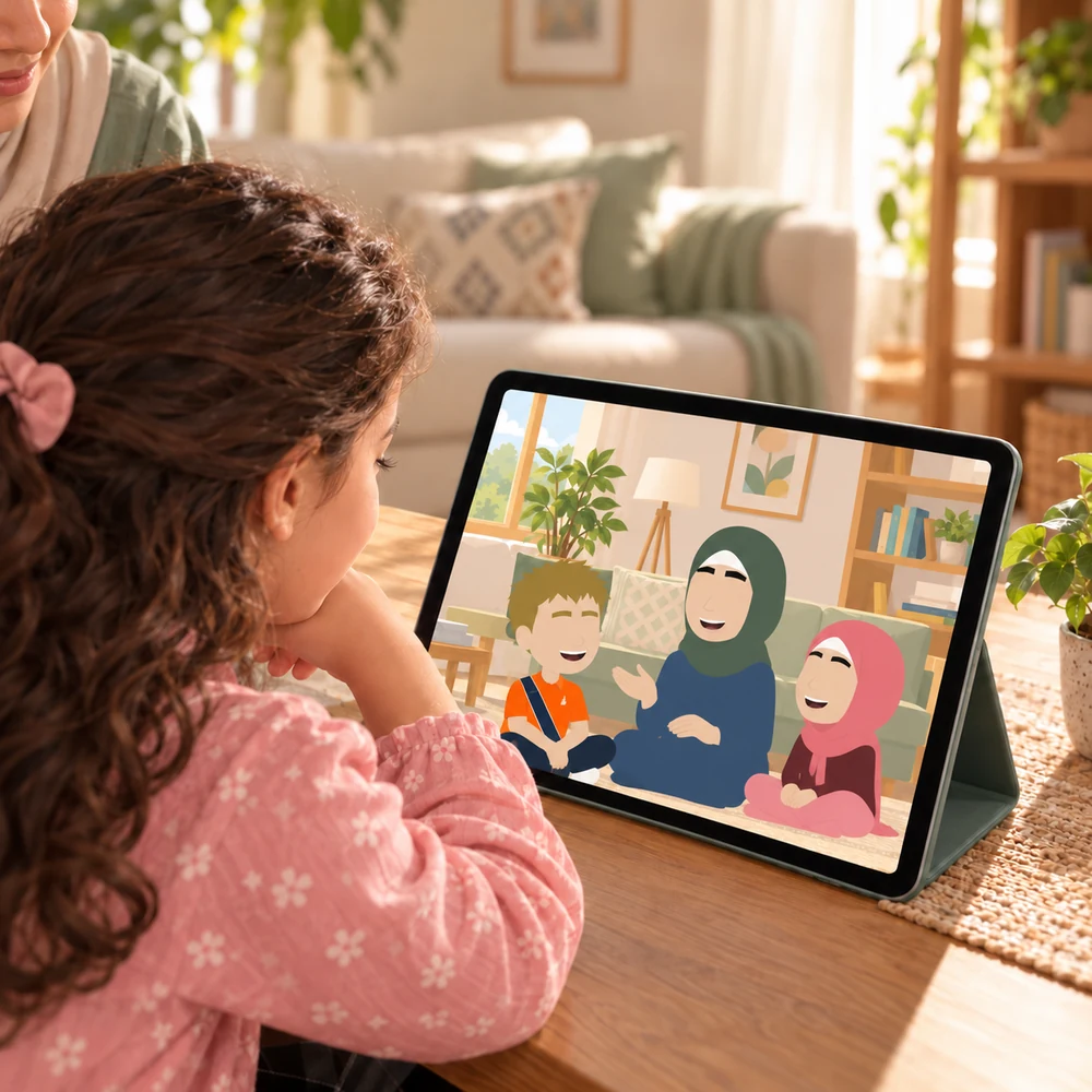 Une enfant regarde une leçon animée de MadinaToon sur tablette