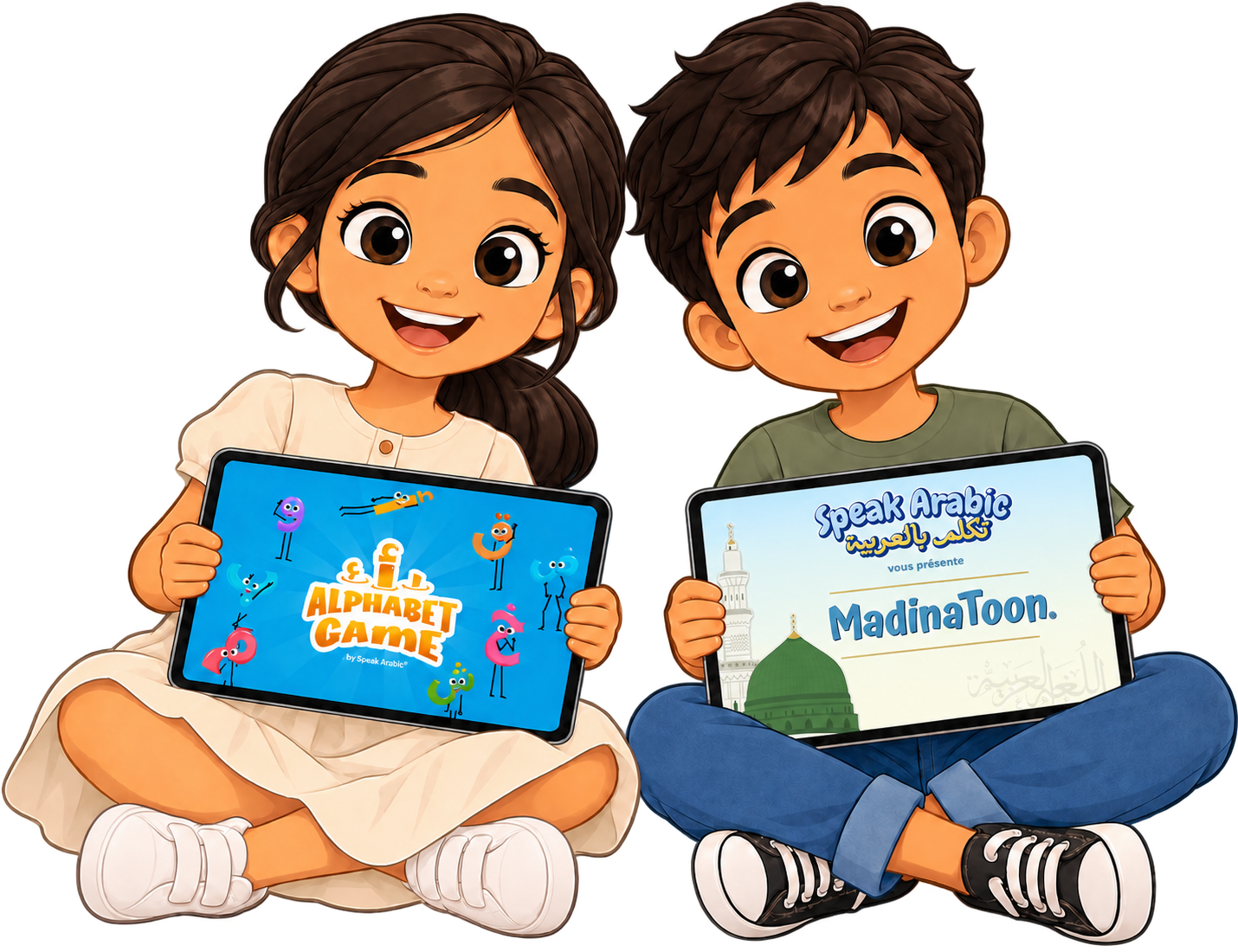 Deux enfants apprennent l'arabe avec Alphabet Game et MadinaToon sur tablette